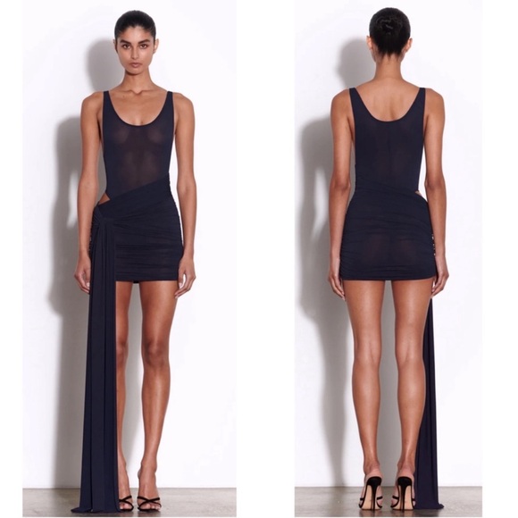 Alex Perry Scoop Wrap Draped Tie Mini Dress in Navy Blue Crepe Jersey Size 4 - Picture 4 of 12